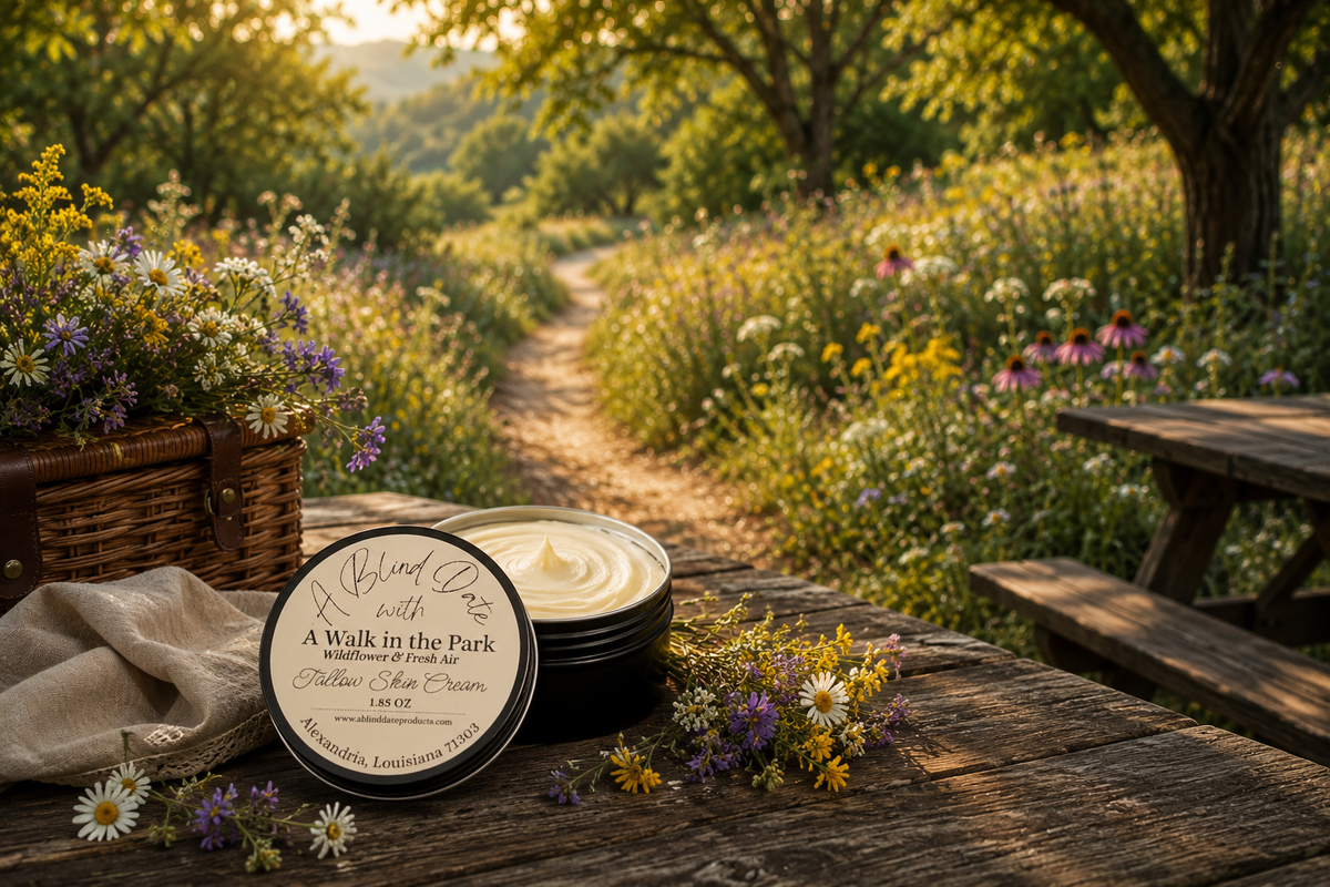 Handcrafted A Walk in the Park tallow skin cream by A Blind Date displayed on a rustic picnic table beside a wildflower-lined nature trail. The open tin of rich moisturizing cream is surrounded by fresh wildflowers, a wicker picnic basket, and warm golden sunlight, capturing the fresh, calming scent of wildflowers and fresh air.