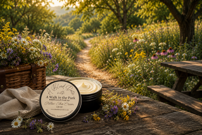 Handcrafted A Walk in the Park tallow skin cream by A Blind Date displayed on a rustic picnic table beside a wildflower-lined nature trail. The open tin of rich moisturizing cream is surrounded by fresh wildflowers, a wicker picnic basket, and warm golden sunlight, capturing the fresh, calming scent of wildflowers and fresh air.
