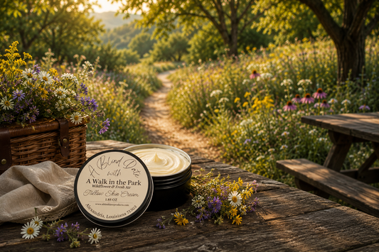 Handcrafted A Walk in the Park tallow skin cream by A Blind Date displayed on a rustic picnic table beside a wildflower-lined nature trail. The open tin of rich moisturizing cream is surrounded by fresh wildflowers, a wicker picnic basket, and warm golden sunlight, capturing the fresh, calming scent of wildflowers and fresh air.