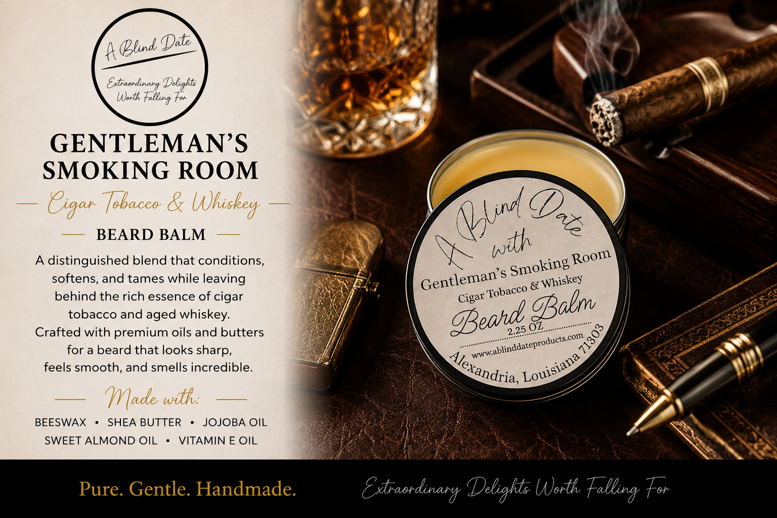 Luxury promotional image for A Blind Date's Gentleman's Smoking Room Beard Balm. An open tin of smooth beard balm and the labeled lid are displayed on a rich leather surface beside a crystal glass of whiskey, a lit cigar in an ashtray, a vintage lighter, and a fountain pen. The left side highlights the product name, "Gentleman's Smoking Room," with "Cigar Tobacco & Whiskey" in gold script, along with a description of its conditioning benefits and ingredients including beeswax, shea butter, jojoba oil, sweet