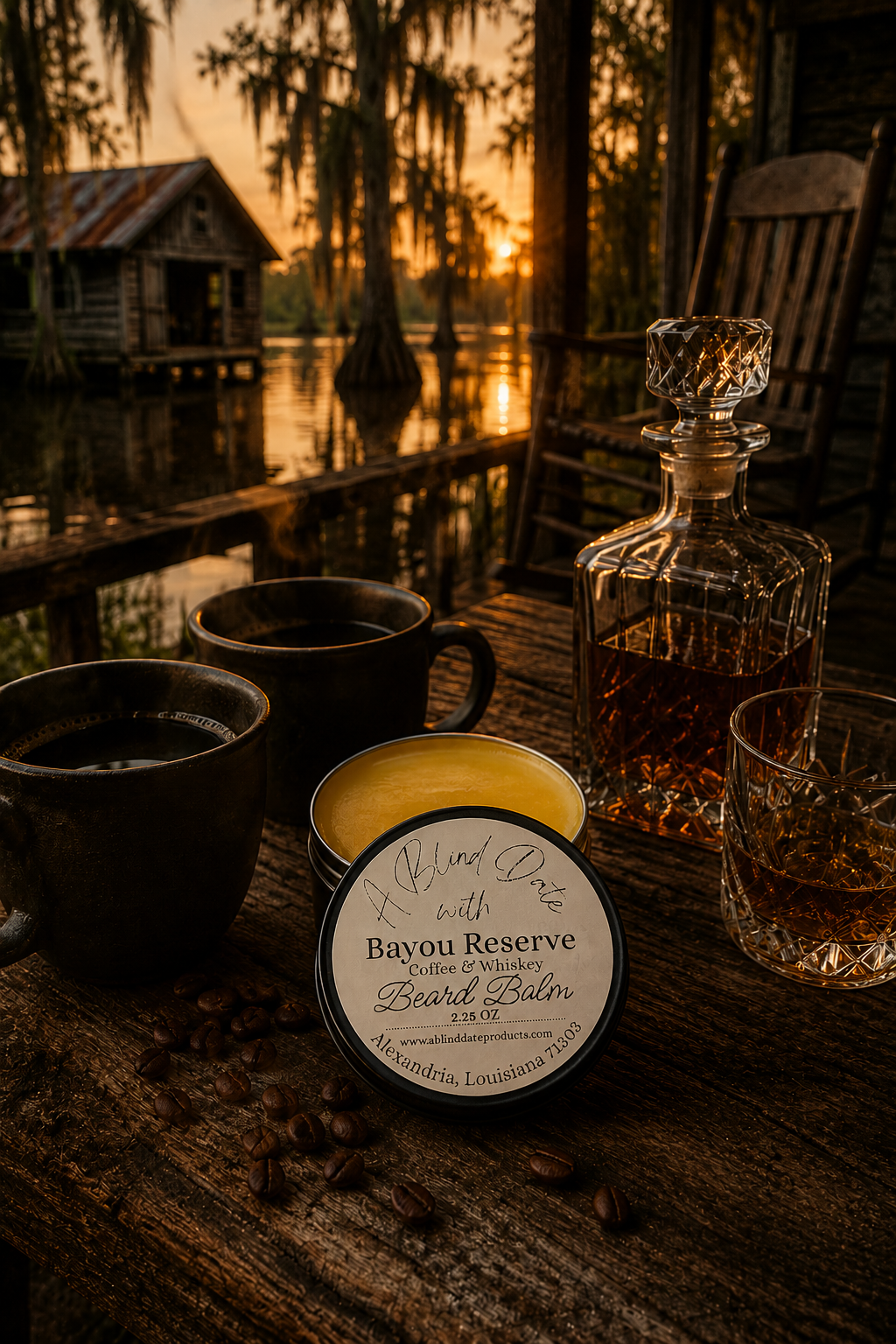 Bayou Reserve Coffee & Whiskey Beard Balm by A Blind Date displayed on a rustic Louisiana cypress bayou camp porch at sunset. The handmade beard balm sits beside two cups of black coffee, a crystal whiskey decanter and glass, and scattered coffee beans on a weathered wooden table overlooking a peaceful bayou with cypress trees draped in Spanish moss.