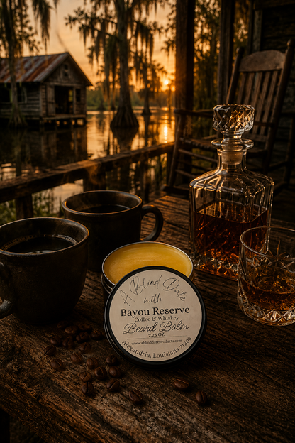 Bayou Reserve Coffee & Whiskey Beard Balm by A Blind Date displayed on a rustic Louisiana cypress bayou camp porch at sunset. The handmade beard balm sits beside two cups of black coffee, a crystal whiskey decanter and glass, and scattered coffee beans on a weathered wooden table overlooking a peaceful bayou with cypress trees draped in Spanish moss.