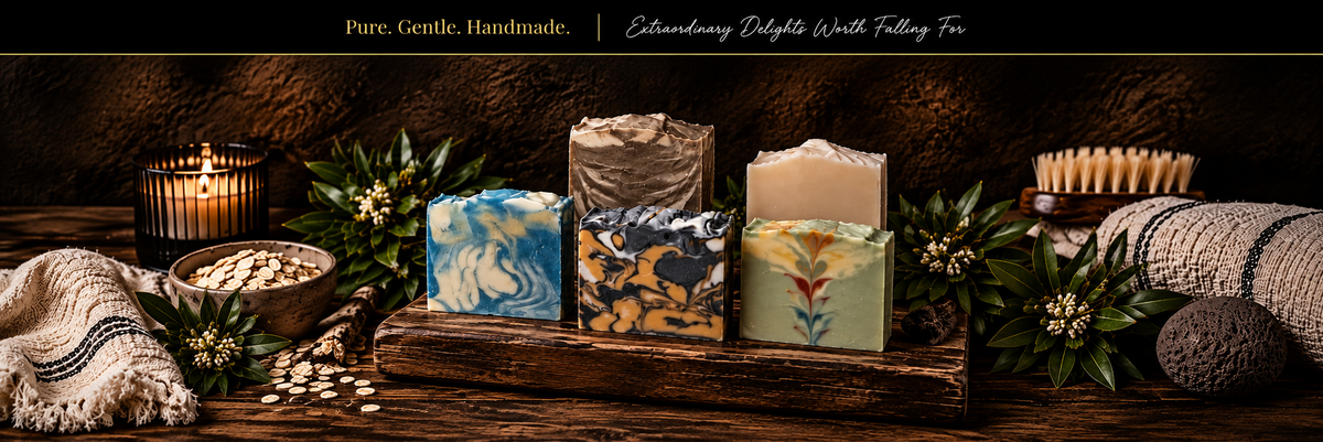 A Blind Date handmade soap collection featuring five artisan soap bars displayed on rustic wood with oatmeal, greenery, a glowing candle, bath towel, and brush.