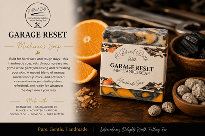 “Garage Reset mechanic’s soap by A Blind Date, featuring orange and sandalwood with pumice and activated charcoal, displayed with fresh orange, charcoal, pumice stones, and workshop tools.”