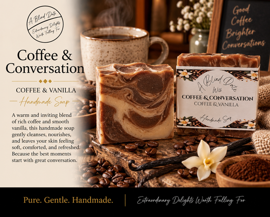 A Blind Date Coffee & Conversation handmade soap scented with coffee and vanilla, displayed with coffee beans, vanilla, and a warm cup of coffee.