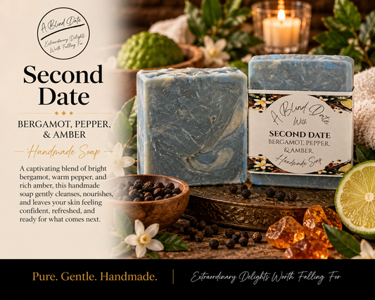 A Blind Date Second Date handmade soap scented with bergamot, pepper, and amber, displayed with bergamot citrus, peppercorns, amber accents, and warm candlelight.
