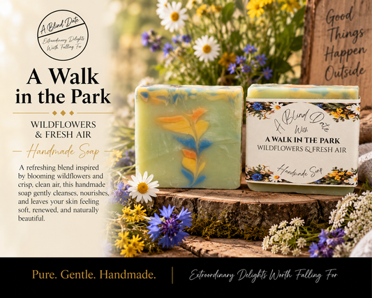 A Blind Date A Walk in the Park handmade soap scented with wildflowers and fresh air, displayed among colorful wildflowers in a warm, sunlit garden setting.