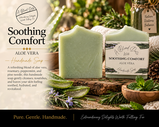A Blind Date Soothing Comfort handmade aloe vera soap scented with rosemary, peppermint, and pine needle, displayed with fresh aloe, herbs, and natural greenery in a relaxing spa setting.