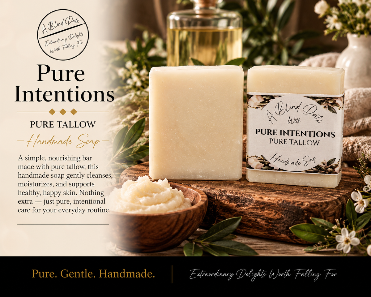 Pure Intentions handmade pure tallow soap by A Blind Date, displayed with natural botanicals and warm rustic accents