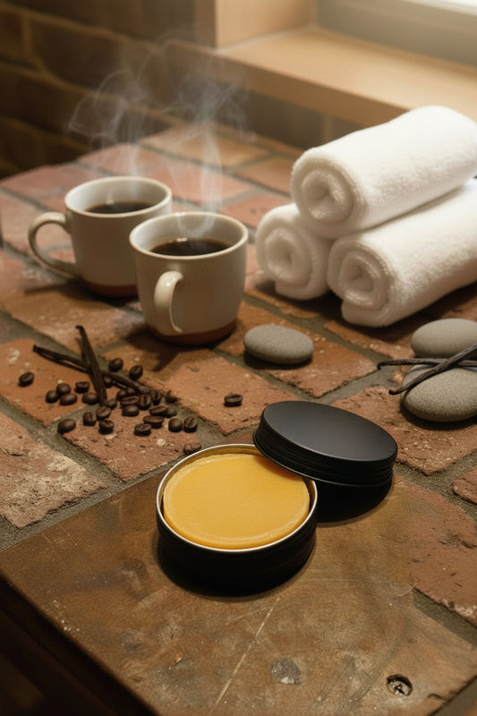 Artisan solid lotion bar with shea butter, jojoba oil, beeswax, and vitamin E oil for nourishing dry hands and body. Scented with fresh brewed coffee and vanilla fragrances.