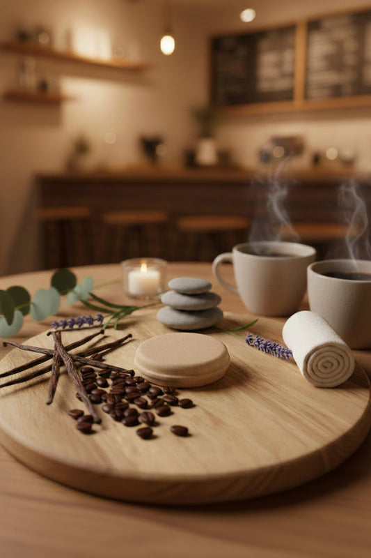 Handcrafted shower steamer with menthol crystals and scented with fresh brewed coffee and vanilla fragrances for a cooling and refreshing shower aromatherapy experience.