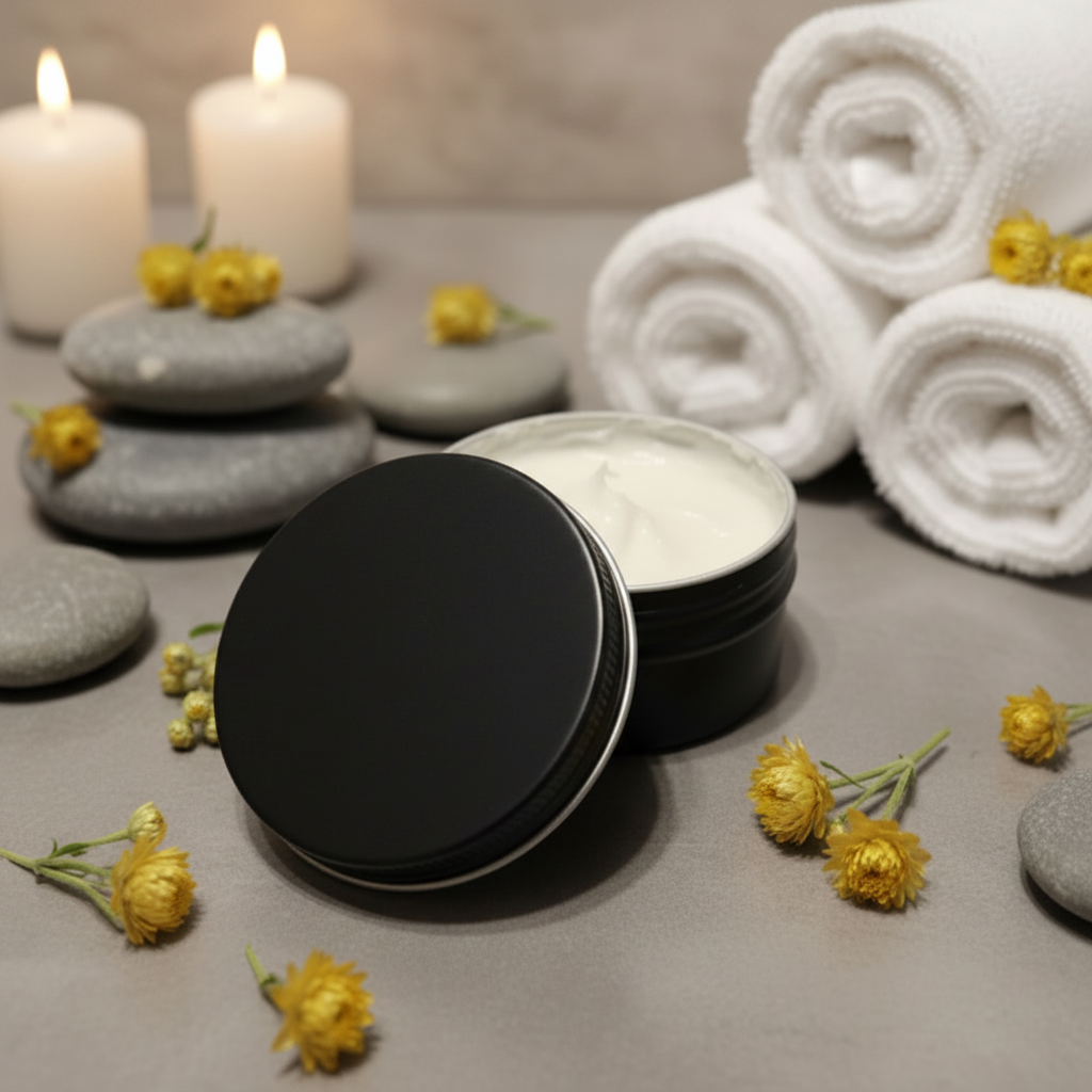 Lasting Affection handcrafted tallow skin cream with helichrysum essential oil in a black tin, surrounded by spa towels, smooth stones, candles, and everlasting flowers, showcasing luxurious natural skincare by A Blind Date Products.